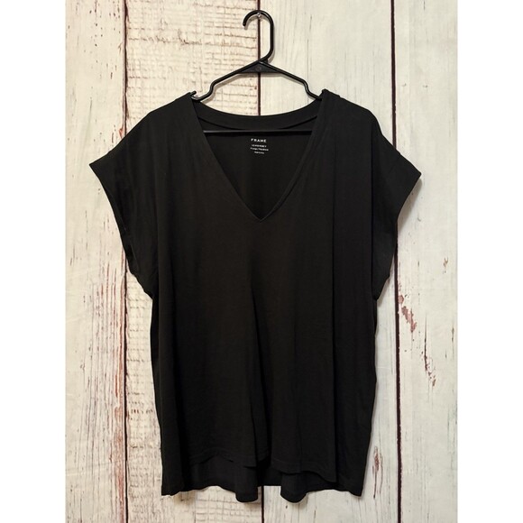 Frame Le Mid Rise V Neck Tee Organic Pima Cotton Black Size XL - Picture 1 of 7